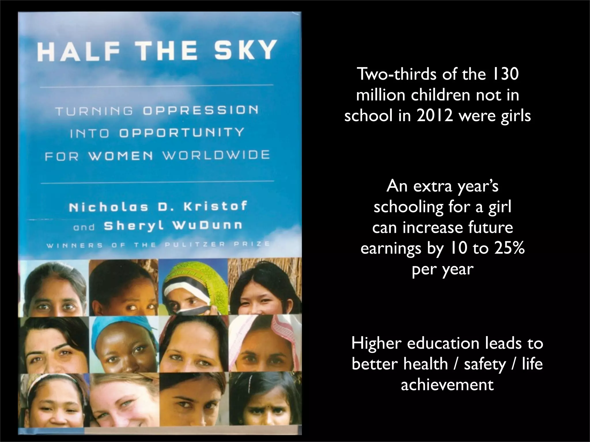 Two-thirds of the 130
  million children not in
school in 2012 were girls


      An extra year’s
    schooling for a girl
   can increase future
  earnings by 10 to 25%
         per year



Higher education leads to
better health / safety / life
       achievement
 