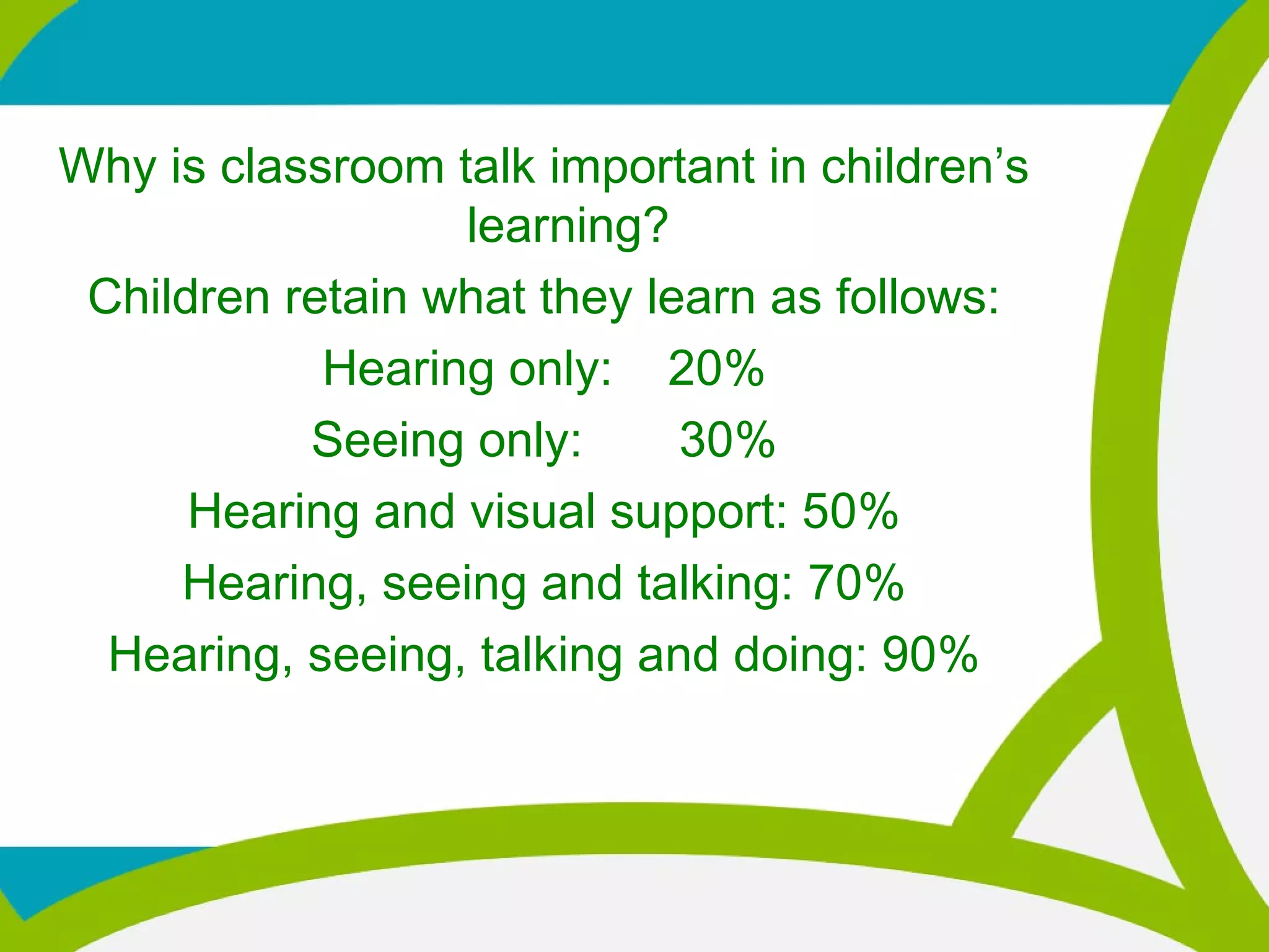 Why is classroom talk important in children’s
learning?
Children retain what they learn as follows:
Hearing only: 20%
Seeing only: 30%
Hearing and visual support: 50%
Hearing, seeing and talking: 70%
Hearing, seeing, talking and doing: 90%
 