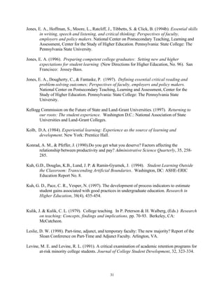 Jones, E. A., Hoffman, S., Moore, L., Ratcliff, J., Tibbetts, S. & Click, B. (1994b). Essential skills
        in writing, speech and listening, and critical thinking: Perspectives of faculty,
        employers and policy makers. National Center on Postsecondary Teaching, Learning and
        Assessment, Center for the Study of Higher Education. Pennsylvania: State College: The
        Pennsylvania State University.

Jones, E. A. (1996). Preparing competent college graduates: Setting new and higher
       expectations for student learning (New Directions for Higher Education, No. 96). San
       Francisco: Jossey-Bass.

Jones, E. A., Dougherty, C., & Fantaske, P. (1997). Defining essential critical reading and
        problem-solving outcomes; Perspectives of faculty, employers and policy makers.
        National Center on Postsecondary Teaching, Learning and Assessment, Center for the
        Study of Higher Education. Pennsylvania: State College: The Pennsylvania State
        University.

Kellogg Commission on the Future of State and Land-Grant Universities. (1997). Returning to
       our roots: The student experience. Washington D.C.: National Association of State
       Universities and Land-Grant Colleges.

Kolb, D.A. (1984). Experiential learning: Experience as the source of learning and
      development. New York: Prentice Hall.

Konrad, A. M., & Pfeffer, J. (1990).Do you get what you deserve? Factors affecting the
      relationship between productivity and pay? Administrative Science Quarterly, 35, 258-
      285.

Kuh, G.D., Douglas, K.B., Lund, J. P. & Ramin-Gyurnek, J. (1994). Student Learning Outside
       the Classroom: Transcending Artificial Boundaries. Washington, DC: ASHE-ERIC
       Education Report No. 8.

Kuh, G. D., Pace, C. R., Vesper, N. (1997). The development of process indicators to estimate
       student gains associated with good practices in undergraduate education. Research in
       Higher Education, 38(4), 435-454.


Kulik, J. & Kulik, C. L. (1979). College teaching. In P. Peterson & H. Walberg, (Eds.) Research
        on teaching: Concepts, findings and implications, pp. 70-93. Berkeley, CA:
        McCutcheon.

Leslie, D. W. (1998). Part-time, adjunct, and temporary faculty: The new majority? Report of the
        Sloan Conference on Part-Time and Adjunct Faculty. Arlington, VA.

Levine, M. E. and Levine, R. L. (1991). A critical examination of academic retention programs for
       at-risk minority college students. Journal of College Student Development, 32, 323-334.




                                                 31
 