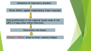 Inhalation of respiratory droplets
Virus infect upper respiratory tract mucosa
Viral proliferation in the regional lymph node of the
URT[ 2-4 days after initial infection]
Virus enters the blood
PRIMARY VIREMIA leads to fever, malaise,fatigue
 