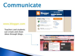 www.blogger.com Teachers and students can create and share ideas through blogs. 