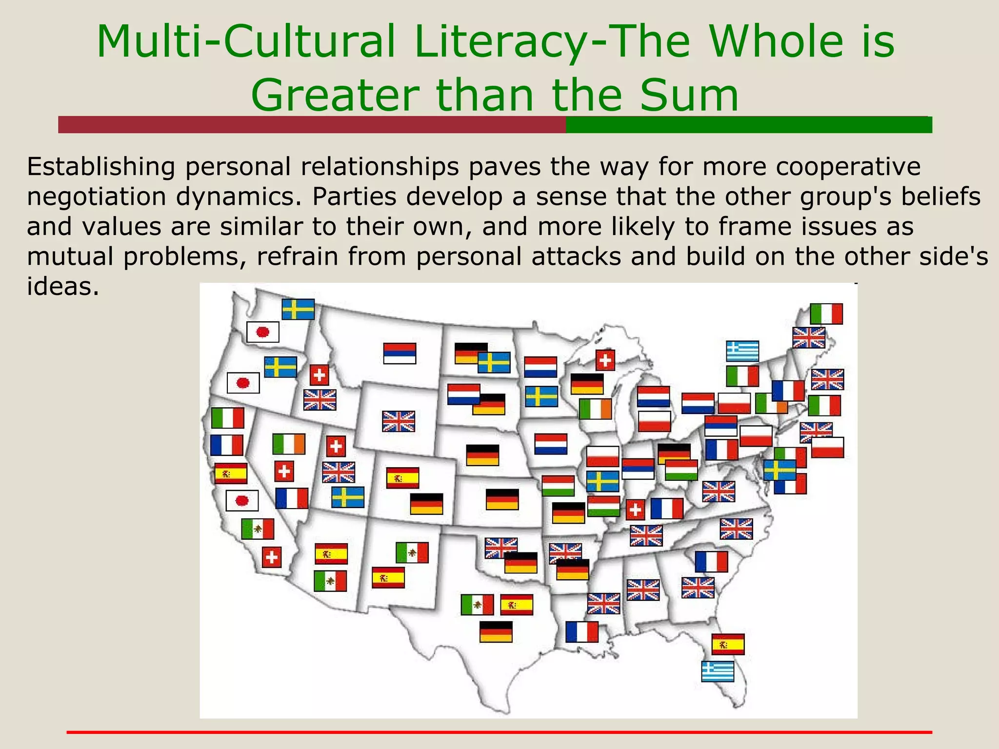 Multi-Cultural Literacy-The Whole is Greater than the Sum Establishing personal relationships paves the way for more cooperative negotiation dynamics. Parties develop a sense that the other group's beliefs and values are similar to their own, and more likely to frame issues as mutual problems, refrain from personal attacks and build on the other side's ideas.  