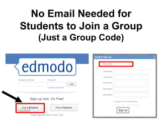 No Email Needed for
Students to Join a Group
   (Just a Group Code)
 