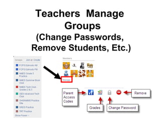 Teachers Manage
     Groups
 (Change Passwords,
Remove Students, Etc.)
 