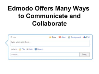 Edmodo Offers Many Ways
  to Communicate and
      Collaborate
 
