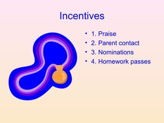 Incentives
     •   1. Praise
     •   2. Parent contact
     •   3. Nominations
     •   4. Homework passes
 