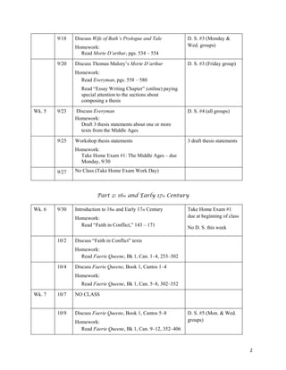 2
9/18 Discuss Wife of Bath’s Prologue and Tale
Homework:
Read Morte D’arthur, pgs. 534 – 554
D. S. #3 (Monday &
Wed. groups)
9/20 Discuss Thomas Malory’s Morte D’arthur
Homework:
Read Everyman, pgs. 558 – 580
Read “Essay Writing Chapter” (online) paying
special attention to the sections about
composing a thesis
D. S. #3 (Friday group)
Wk. 5 9/23 Discuss Everyman
Homework:
Draft 3 thesis statements about one or more
texts from the Middle Ages
D. S. #4 (all groups)
9/25 Workshop thesis statements
Homework:
Take Home Exam #1: The Middle Ages – due
Monday, 9/30
3 draft thesis statements
9/27 No Class (Take Home Exam Work Day)
Part 2: 16th and Early 17th Century
Wk. 6 9/30 Introduction to 16th and Early 17th Century
Homework:
Read “Faith in Conflict,” 143 – 171
Take Home Exam #1
due at beginning of class
No D. S. this week
10/2 Discuss “Faith in Conflict” texts
Homework:
Read Faerie Queene, Bk 1, Can. 1–4, 253–302
10/4 Discuss Faerie Queene, Book 1, Cantos 1–4
Homework:
Read Faerie Queene, Bk 1, Can. 5–8, 302–352
Wk. 7 10/7 NO CLASS
10/9 Discuss Faerie Queene, Book 1, Cantos 5–8
Homework:
Read Faerie Queene, Bk 1, Can. 9–12, 352–406
D. S. #5 (Mon. & Wed.
groups)
 