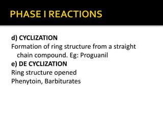 d) CYCLIZATION
Formation of ring structure from a straight
chain compound. Eg: Proguanil
e) DE CYCLIZATION
Ring structure ...