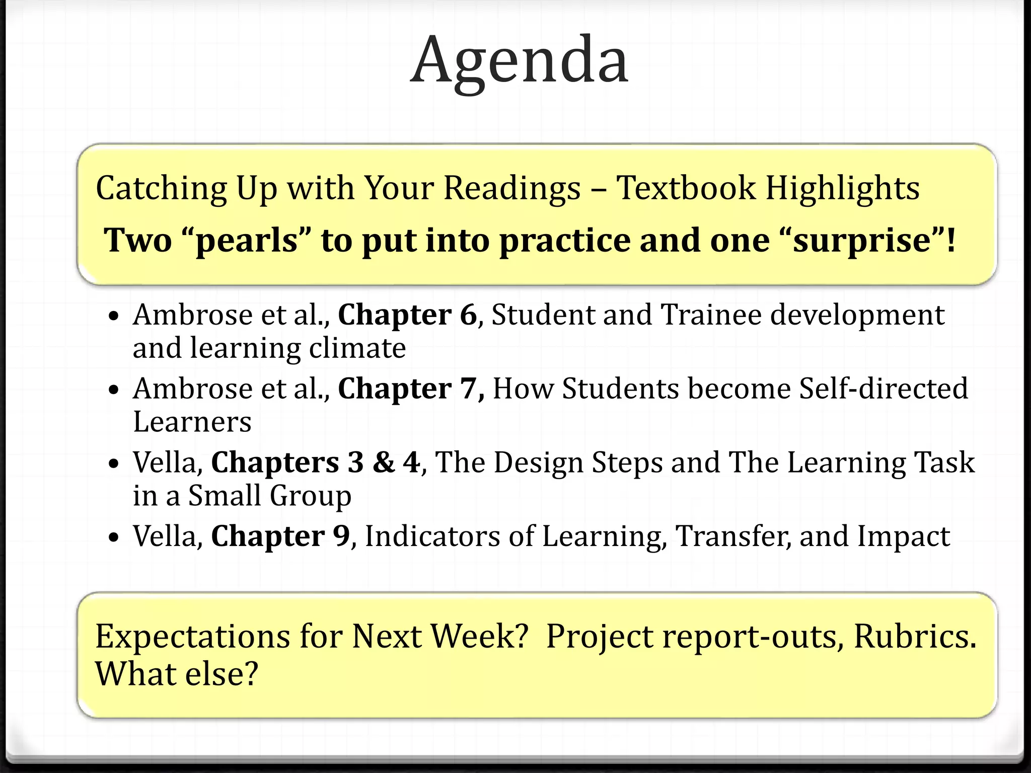Agenda
Catching Up with Your Readings – Textbook Highlights
Two “pearls” to put into practice and one “surprise”!
Expectations for Next Week? Project report-outs, Rubrics.
What else?
• Ambrose et al., Chapter 6, Student and Trainee development
and learning climate
• Ambrose et al., Chapter 7, How Students become Self-directed
Learners
• Vella, Chapters 3 & 4, The Design Steps and The Learning Task
in a Small Group
• Vella, Chapter 9, Indicators of Learning, Transfer, and Impact