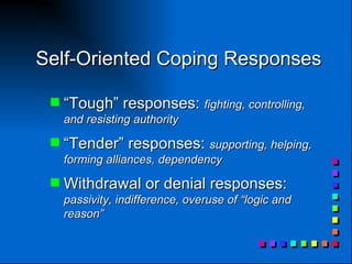 Self-Oriented Coping Responses “ Tough” responses:  fighting, controlling, and resisting authority “ Tender” responses:  supporting, helping, forming alliances, dependency Withdrawal or denial responses:  passivity, indifference, overuse of “logic and reason”  