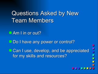 Questions Asked by New Team Members  Am I in or out? Do I have any power or control? Can I use, develop, and be appreciated for my skills and resources? 