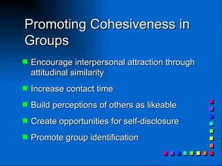 Promoting Cohesiveness in Groups Encourage interpersonal attraction through attitudinal similarity  Increase contact time Build perceptions of others as likeable Create opportunities for self-disclosure  Promote group identification 