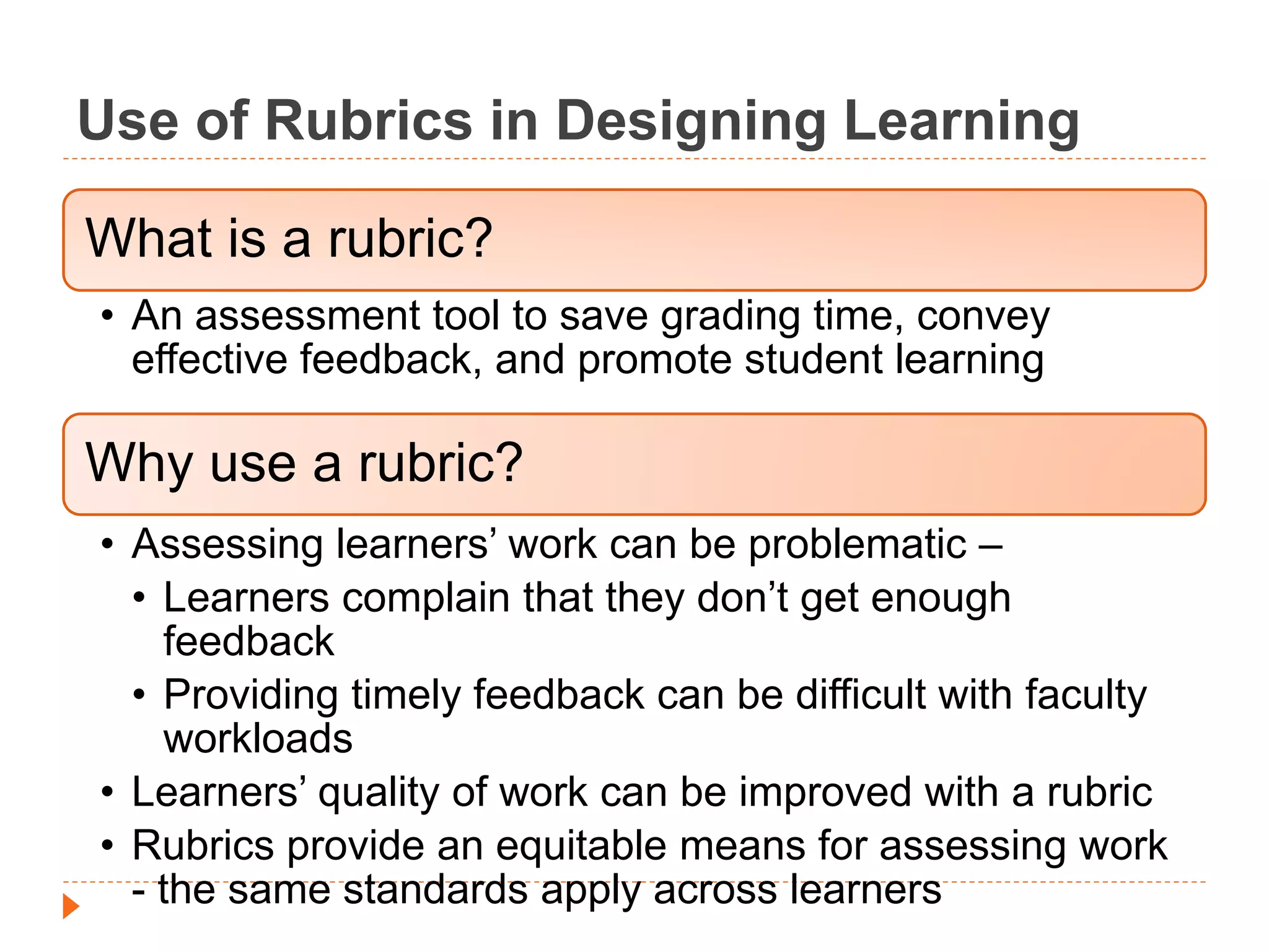 Use of Rubrics in Designing Learning 
What is a rubric? 
• An assessment tool to save grading time, convey 
effective feedback, and promote student learning 
Why use a rubric? 
• Assessing learners’ work can be problematic – 
• Learners complain that they don’t get enough 
feedback 
• Providing timely feedback can be difficult with faculty 
workloads 
• Learners’ quality of work can be improved with a rubric 
• Rubrics provide an equitable means for assessing work 
- the same standards apply across learners 
 