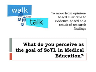 To move from opinionbased curricula to
evidence-based as a
result of research
findings

What do you perceive as
the goal of SoTL in Medical
Education?

 