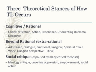 Three Theoretical Stances of How
TL Occurs
Cognitive / Rational
– Critical reflection, Action, Experience, Disorienting Dilemma,
Discourse
Beyond Rational /extra-rational
– Arts-based, Dialogue, Emotional, Imaginal, Spiritual, “Soul
Work” (Jungian perspective – Dirkx)
Social critique (espoused by many critical theorists)
– Ideology critique, unveiling oppression, empowerment, social
action
 