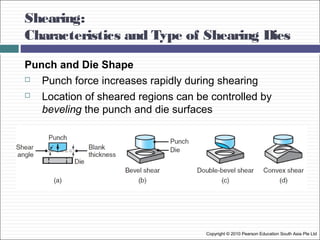 Shearing:
Characteristics and Type of Shearing Dies
Punch and Die Shape
 Punch force increases rapidly during shearing
 Location of sheared regions can be controlled by
beveling the punch and die surfaces
Copyright © 2010 Pearson Education South Asia Pte Ltd
 