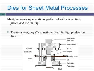 Dies for Sheet Metal Processes
Most pressworking operations performed with conventional
punch and die‑ ‑ tooling
 The term stamping die sometimes used for high production
dies
15
 