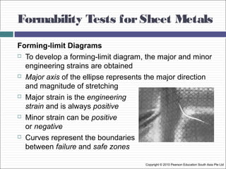 Formability Tests forSheet Metals
Copyright © 2010 Pearson Education South Asia Pte Ltd
Forming-limit Diagrams
 To develop a forming-limit diagram, the major and minor
engineering strains are obtained
 Major axis of the ellipse represents the major direction
and magnitude of stretching
 Major strain is the engineering
strain and is always positive
 Minor strain can be positive
or negative
 Curves represent the boundaries
between failure and safe zones
 