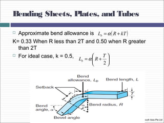 Bending Sheets, Plates, and Tubes
Copyright © 2010 Pearson Education South Asia Pte Ltd
 Approximate bend allowance is
K= 0.33 When R less than 2T and 0.50 when R greater
than 2T
 For ideal case, k = 0.5,
( )kTRLb += α






+=
2
T
RLb α
 