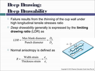 Deep Drawing:
Deep Drawability
Copyright © 2010 Pearson Education South Asia Pte Ltd
 Failure results from the thinning of the cup wall under
high longitudinal tensile stresses ratio
 Deep drawability generally is expressed by the limiting
drawing ratio (LDR) as
 Normal anisotropy is defined as
pD
D
LDR 0
diameterPunch
diameterblankMax
==
t
w
R
ε
ε
==
strainThickness
strainWidth
 