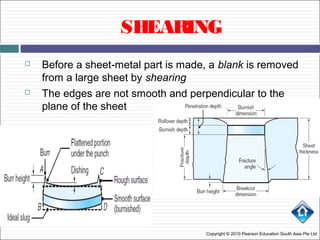 SHEARING
 Before a sheet-metal part is made, a blank is removed
from a large sheet by shearing
 The edges are not smooth and perpendicular to the
plane of the sheet
Copyright © 2010 Pearson Education South Asia Pte Ltd
 