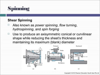 Spinning
Copyright © 2010 Pearson Education South Asia Pte Ltd
Shear Spinning
 Also known as power spinning, flow turning,
hydrospinning, and spin forging
 Use to produce an axisymmetric conical or curvilinear
shape while reducing the sheet’s thickness and
maintaining its maximum (blank) diameter
 