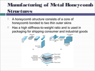 Manufacturing of Metal Honeycomb
Structures
 A honeycomb structure consists of a core of
honeycomb bonded to two thin outer skins
 Has a high stiffness-to-weight ratio and is used in
packaging for shipping consumer and industrial goods
 