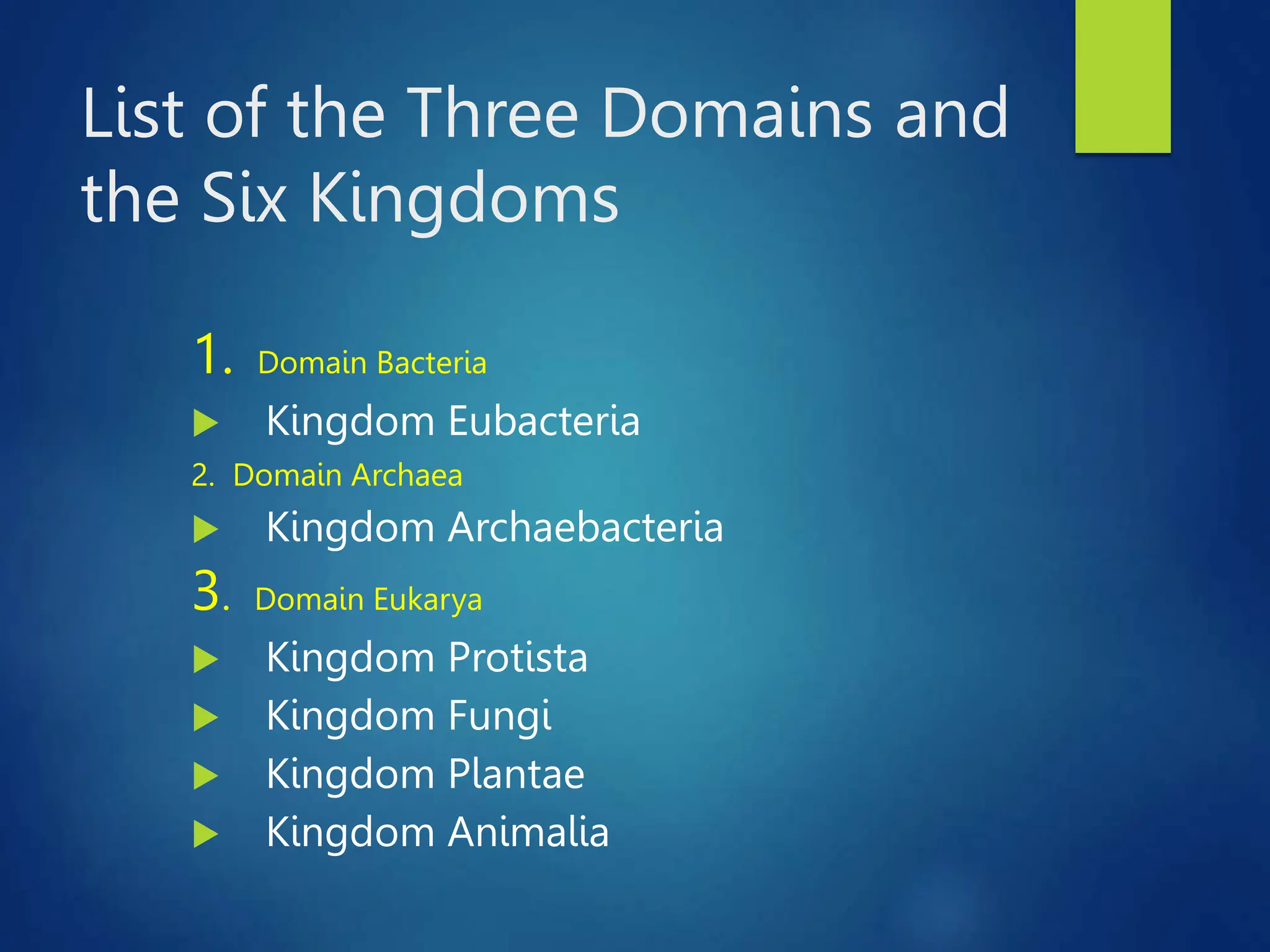 List of the Three Domains and
the Six Kingdoms
1. Domain Bacteria
 Kingdom Eubacteria
2. Domain Archaea
 Kingdom Archaebacteria
3. Domain Eukarya
 Kingdom Protista
 Kingdom Fungi
 Kingdom Plantae
 Kingdom Animalia
 
