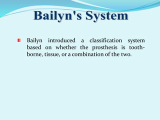 Bailyn introduced a classification system
based on whether the prosthesis is tooth-
borne, tissue, or a combination of the two.
 