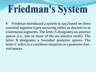 Friedman introduced a system in 1953 based on three
essential segment types occurring either as discrete or as
continuous segments. The letter A designates an anterior
spaces (i.e., one or more of the six anterior teeth). The
letter B designates a bounded posterior spaces. The
letter C refers to a cantilever situation or a posterior free-
end spaces.
 