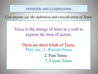 Tense is the change of form in a verb to
express the time of action.
There are three kinds of Tense.
They are :1. Present ...