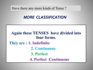 Again these TENSES have divided into
four forms.
They are : 1. Indefinite
2. Continuous
3. Perfect
4. Perfect Continuous
M...