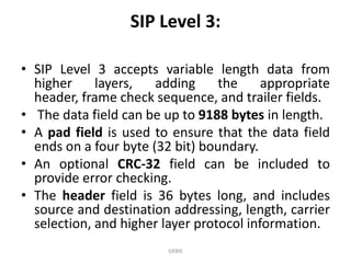 SIP Level 3:
• SIP Level 3 accepts variable length data from
higher
layers,
adding
the
appropriate
header, frame check sequence, and trailer fields.
• The data field can be up to 9188 bytes in length.
• A pad field is used to ensure that the data field
ends on a four byte (32 bit) boundary.
• An optional CRC-32 field can be included to
provide error checking.
• The header field is 36 bytes long, and includes
source and destination addressing, length, carrier
selection, and higher layer protocol information.
GKBIE

 