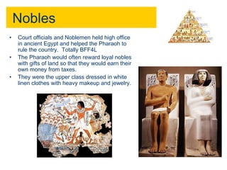 Nobles 
• Court officials and Noblemen held high office 
in ancient Egypt and helped the Pharaoh to 
rule the country. Totally BFF4L 
• The Pharaoh would often reward loyal nobles 
with gifts of land so that they would earn their 
own money from taxes. 
• They were the upper class dressed in white 
linen clothes with heavy makeup and jewelry. 
 