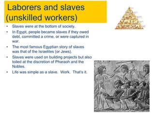 Laborers and slaves 
(unskilled workers) 
• Slaves were at the bottom of society. 
• In Egypt, people became slaves if they owed 
debt, committed a crime, or were captured in 
war. 
• The most famous Egyptian story of slaves 
was that of the Israelites (or Jews). 
• Slaves were used on building projects but also 
toiled at the discretion of Pharaoh and the 
Nobles. 
• Life was simple as a slave. Work. That’s it. 
 
