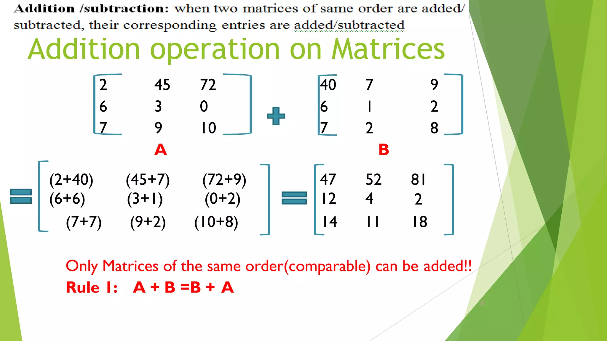 Addition operation on Matrices
2
6
7
9
2
8
45 72
3 0
9 10
A
40 7
6 1
7 2
B
(2+40) (45+7) (72+9) 47 52 81
(6+6) (3+1) (0+2) 12 4 2
(7+7) (9+2) (10+8) 14 11 18
Only Matrices of the same order(comparable) can be added!!
Rule 1: A + B =B + A
8
 