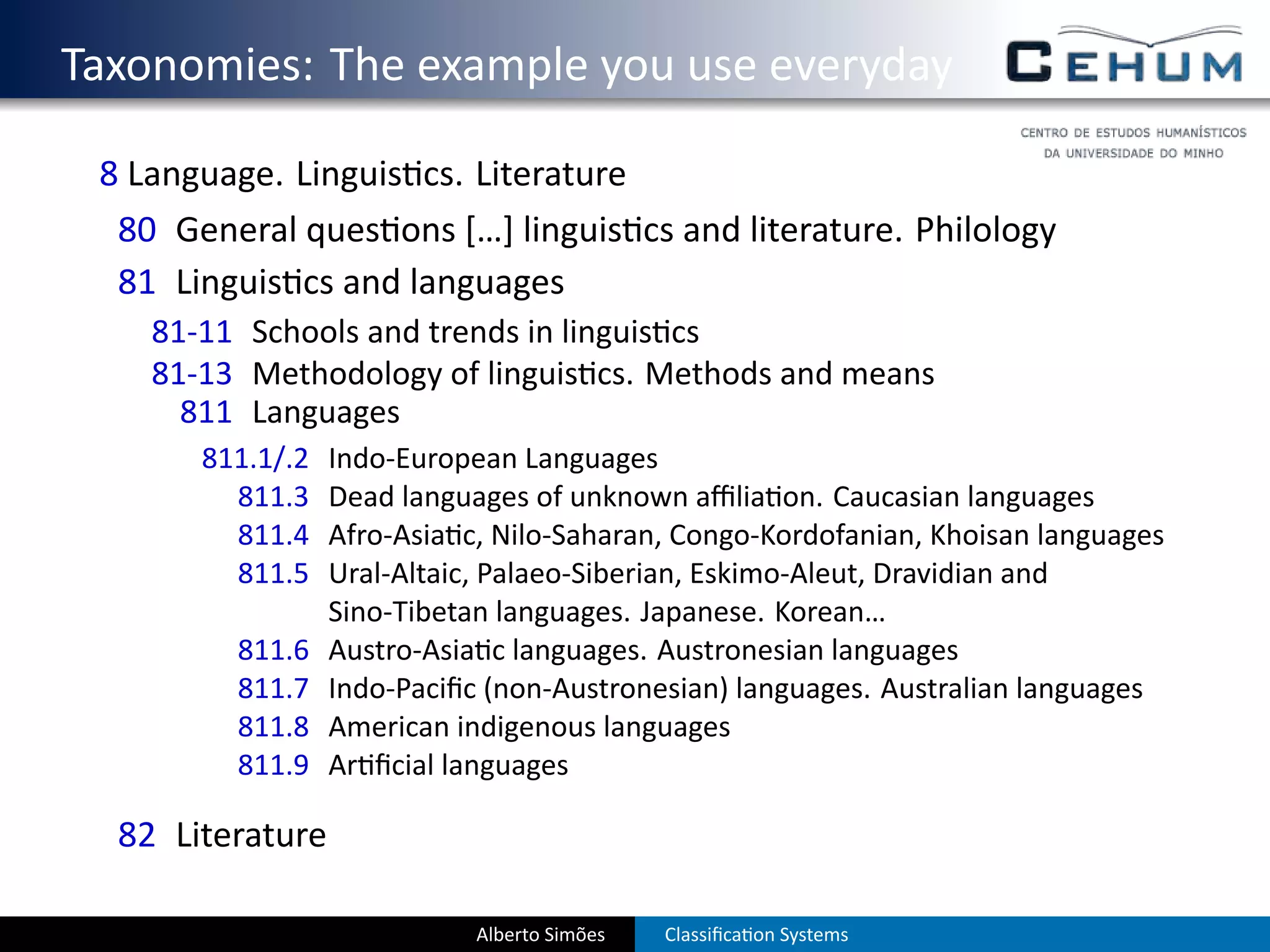 . Taxonomies: The example you use everyday
    8 Language. Linguis cs. Literature
     80 General ques ons […] linguis cs and literature. Philology
     81 Linguis cs and languages
       81-11 Schools and trends in linguis cs
       81-13 Methodology of linguis cs. Methods and means
         811 Languages
          811.1/.2   Indo-European Languages
            811.3    Dead languages of unknown aﬃlia on. Caucasian languages
            811.4    Afro-Asia c, Nilo-Saharan, Congo-Kordofanian, Khoisan languages
            811.5    Ural-Altaic, Palaeo-Siberian, Eskimo-Aleut, Dravidian and
                     Sino-Tibetan languages. Japanese. Korean…
            811.6    Austro-Asia c languages. Austronesian languages
            811.7    Indo-Paciﬁc (non-Austronesian) languages. Australian languages
            811.8    American indigenous languages
            811.9    Ar ﬁcial languages

     82 Literature

                                Alberto Simões   Classiﬁca on Systems
 