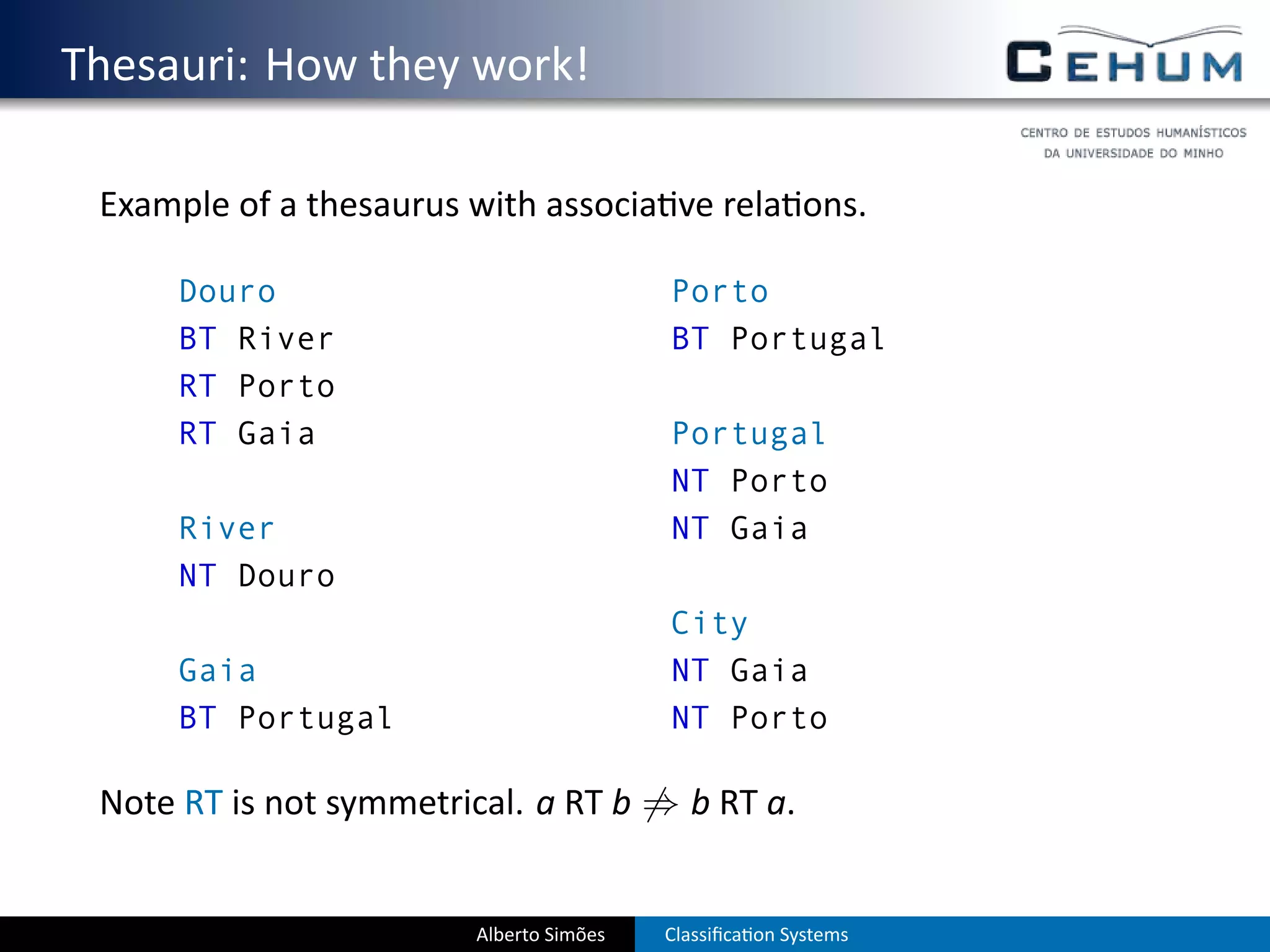 . Thesauri: How they work!

    Example of a thesaurus with associa ve rela ons.

         Douro                               Porto
         BT River                            BT Portugal
         RT Porto
         RT Gaia                             Portugal
                                             NT Porto
         River                               NT Gaia
         NT Douro
                                             City
         Gaia                                NT Gaia
         BT Portugal                         NT Porto

    Note RT is not symmetrical. a RT b ̸⇒ b RT a.


                            Alberto Simões   Classiﬁca on Systems
 
