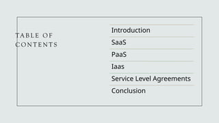 TA B L E O F
C O N T E N T S
Introduction
SaaS
PaaS
Iaas
Service Level Agreements
Conclusion
 