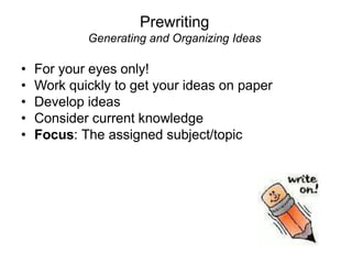 Prewriting
Generating and Organizing Ideas
• For your eyes only!
• Work quickly to get your ideas on paper
• Develop ideas
• Consider current knowledge
• Focus: The assigned subject/topic
 