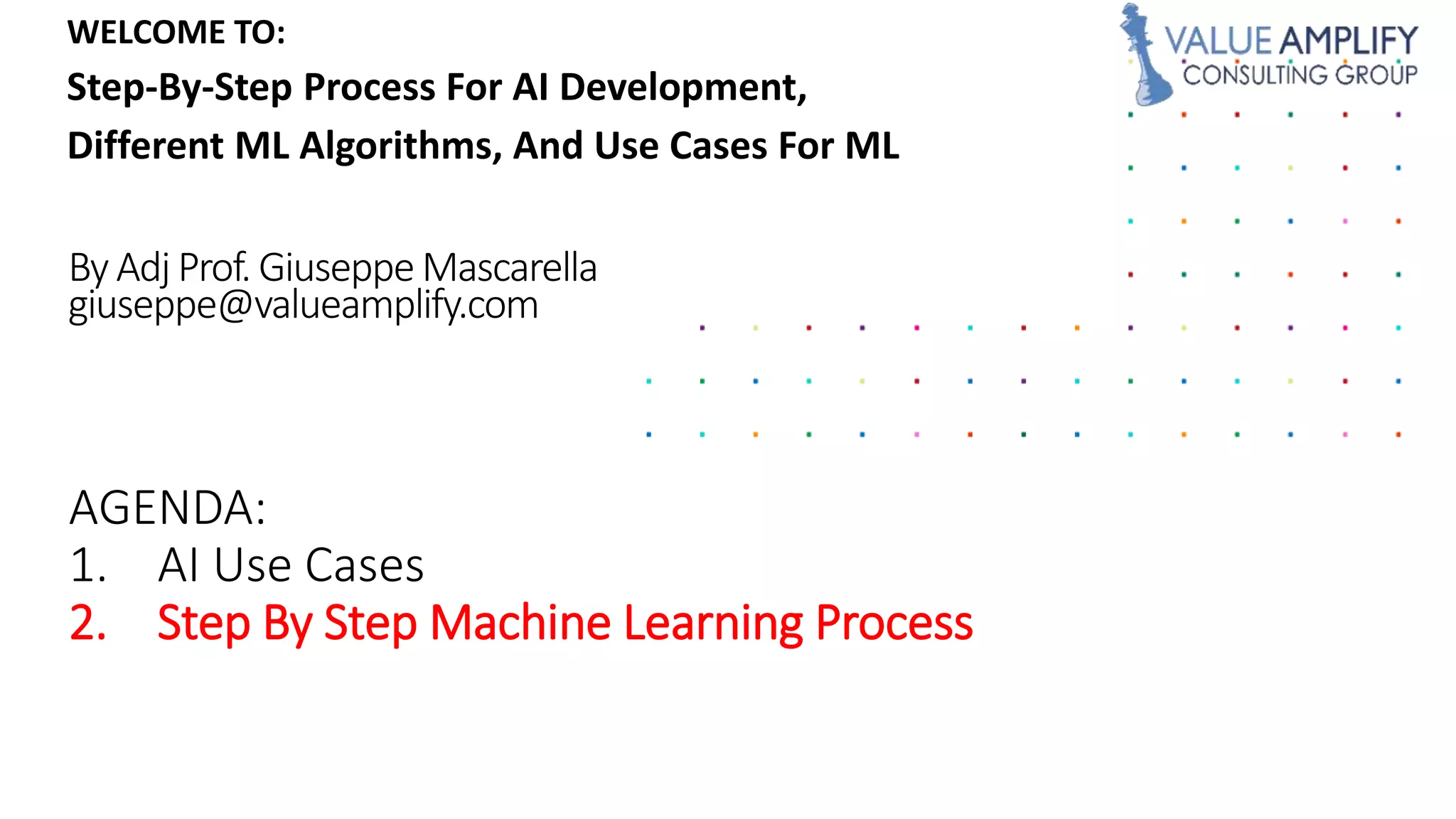WELCOME TO:
Step-By-Step Process For AI Development,
Different ML Algorithms, And Use Cases For ML
2. Step By Step Machine Learning Process
 