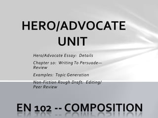 HERO/ADVOCATE
    UNIT
 Hero/Advocate Essay: Details
 Chapter 10: Writing To Persuade—
 Review
 Examples: Topic Generation
 Non-Fiction Rough Draft: Editing/
 Peer Review
 