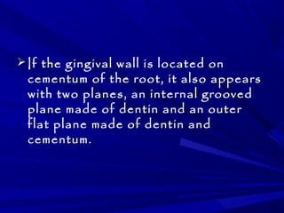 If the gingival wall is located on 
cementum of the root, it also appears 
with two planes, an internal grooved 
plane made of dentin and an outer 
flat plane made of dentin and 
cementum. 
 