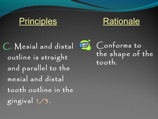 Principles Rationale 
C. Mesial and distal 
outline is straight 
and parallel to the 
mesial and distal 
tooth outline in the 
gingival 1/3. 
Conforms to 
the shape of the 
tooth. 
 