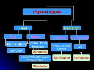 Physical Agents

Heat
Dry

Radiation
Moist

Incineration Steam Under
Pressure

Dry Oven

Ionizing

Non Ionizing

X Ray, Cathode,
Gamma

UV

Sterilization

Boiling Water/Hot Water
Pasteurization
Disinfection

Sterilization

Disinfection

 