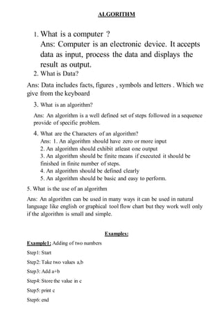 CLASS VIII COMPUTERS FLOW CHART AND ALGORITHM | DOCX