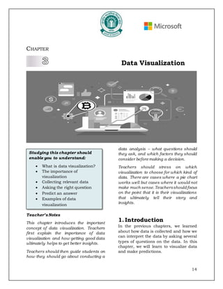 14
Teacher’s Notes
This chapter introduces the important
concept of data visualization. Teachers
first explain the importance of data
visualization and how getting good data
ultimately helps to get better insights.
Teachers should then guide students on
how they should go about conducting a
data analysis – what questions should
they ask, and which factors they should
consider before making a decision.
Teachers should stress on which
visualization to choose for which kind of
data. There are cases where a pie chart
works well but cases where it would not
make much sense.Teachersshouldfocus
on the point that it is their visualizations
that ultimately tell their story and
insights.
1. Introduction
In the previous chapters, we learned
about how data is collected and how we
can interpret the data by asking several
types of questions on the data. In this
chapter, we will learn to visualize data
and make predictions.
CHAPTER
Data Visualization
Studying this chapter should
enable you to understand:
• What is data visualization?
• The importance of
visualization
• Collecting relevant data
• Asking the right question
• Predict an answer
• Examples of data
visualization
 
