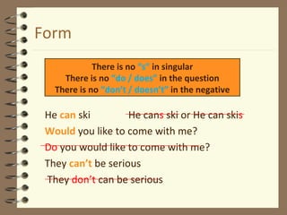 Form
He can ski He cans ski or He can skis
Would you like to come with me?
Do you would like to come with me?
They can’t be serious
They don’t can be serious
There is no “s” in singular
There is no “do / does” in the question
There is no “don’t / doesn’t” in the negative
 