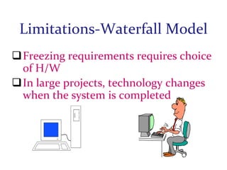 Limitations-Waterfall Model
Freezing requirements requires choice
of H/W
In large projects, technology changes
when the system is completed

 