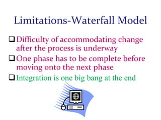 Limitations-Waterfall Model
Difficulty of accommodating change
after the process is underway
One phase has to be complete before
moving onto the next phase
Integration is one big bang at the end

 